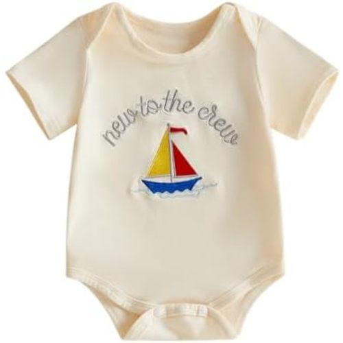 PUHHAPIEY New To The Crew Baby Onesie Sailboat Embroidery Short Sleeve Bubble Romper Newborn Bodysuit Summer Clothes