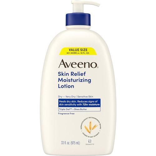 Aveeno Skin Relief Moisturizing Body Lotion Heals Very Dry, Sensitive Skin, Fast-Absorbing Lotion with Soothing Triple Oat & Shea Butter Formula, Fragrance Free Lotion, Non-Comedogenic, 33 Fl Oz