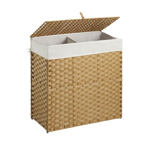 Outdoor Wicker Laundry Hamper with Lid,90L Foldable Laundry Basket with Removable,Machine Washable 2-Section Liner and Handles,Handwoven Yellow Rattan Hamper for Organization and Storage