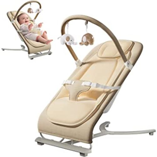 Bouncer for Infants, Baby Bouncer with 3 Seat Positions & Overhead Pillow & Calming Bounce Bouncer for Baby with 3-Point Harness Easy to Fold (Khaki)