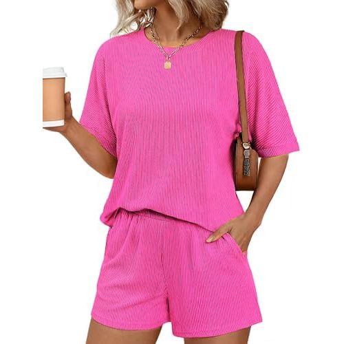 Ekouaer Women 2 Piece Lounge Set 2026 Summer Cruise Outfits Ribbed Loose Short Sleeve Matching Sets with pocket