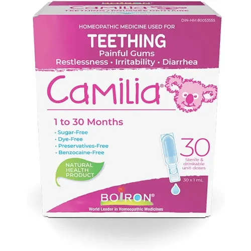 Boiron Camilia Baby Teething Medicine, 30 unit-doses. Camilia used for pain, restlessness, irritability and diarrhea due to teething. Benzocaine-Free and Preservative-Free ,No Sugar, No Dye. 1 to 30 months Day and night use