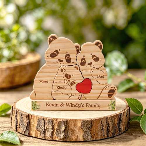 Wooden Panda Family Puzzle, We Are Family Gifts, Engraved Family Name Puzzle, Panda Figurines Decor, Baby Shower, Gift for New Parents