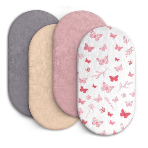 100% Muslin Baby Bassinet Sheets for Baby Boy Girls,4-Pack Fitted Bassinet Sheets Set Compatible with Halo Bassinest Swivel Sleeper,Baby Delight,Angelbliss,32"X16" (Pink Butterfly)