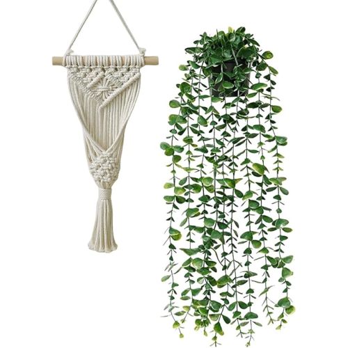 Artificial Eucalyptus Wall Hanging Decor, Artificial Hanging Greenery Plants, Macrame Plant Hanger with Faux Vines Hanging Planter for Boho Chic Home Office Bedroom Indoor Farmhouse Decor