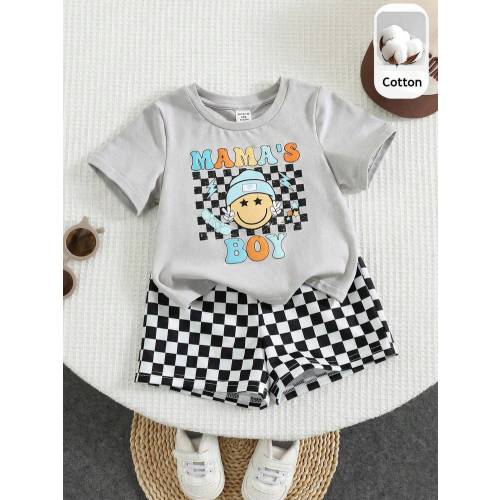2pcs Baby Boy Casual Checkered Shorts & Loose Fit Face Checkered Pattern Gray Short Sleeve T-Shirt Set, Suitable For Spring And Summer Outings And Vacations | SHEIN USA