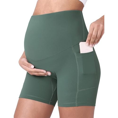 POSHDIVAH Women's Maternity Yoga Shorts Over The Belly Bump Summer Workout Running Active Short Pants with Pockets 5"/8"