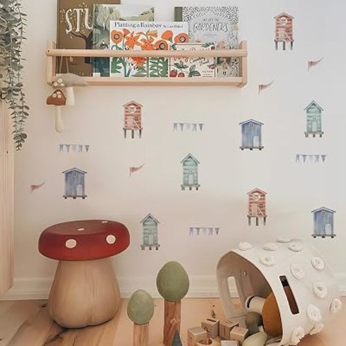 Alwayspon Watercolor Blue, Red and Green Beach Hut Art Wall Decals, Peel and Stick Wall Stickers for Living Nursery Room Bedroom Wall Decor
