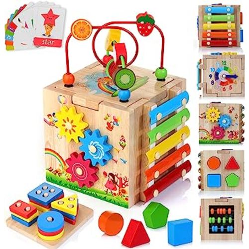 HELLOWOOD Wooden Activity Cube, 8-in-1 Montessori Toys for 12+ Months Babies, Educational Learning Toys for Toddlers Age 1-2, First Birthday Gift | Bonus Sorting & Stacking Board and Word Cards