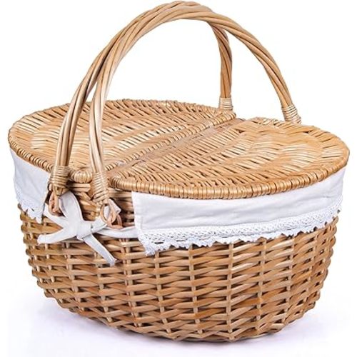 Wicker Picnic Basket with Lid and Handle Sturdy Woven Body with Washable Lining for Easter,Mother's Day,Outdoor Camping