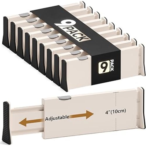 Drawer Dividers Organizer 9 Pack, Adjustable Separators 4" High Expandable from 11-17" for Bedroom, Bathroom, Closet, Clothing, Office, Kitchen (Beige, 9 PACK)