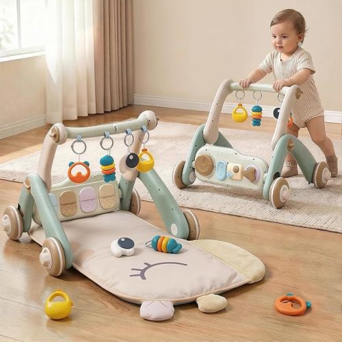 Jovow 2 in 1 Baby Gym with Walker,Baby Play Mat with Double-Sided Multifunctional Removable Play Piano Panel, Educational Sensory Toys for 0-24 Months Boy Girl [White]