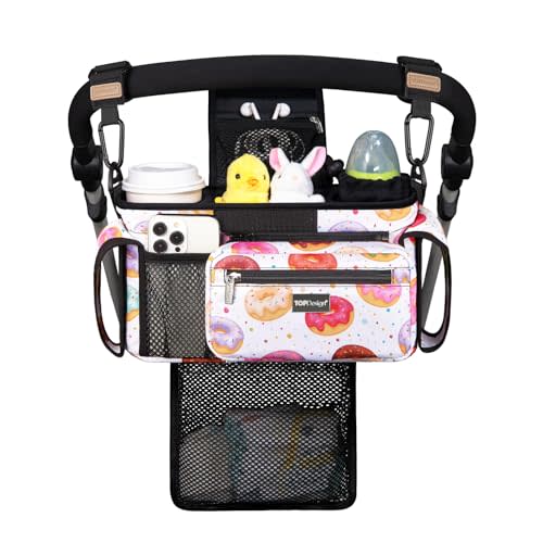 TOPDesign Universal Baby Stroller Organizer, Stroller Caddy with Detachable Mesh Bag & Heightened Insulated Cup Holders & Non-Slip Secure Hooks Accessories, Fits Most Strollers (Donuts)