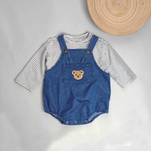Teddy Bear Denim Jumpsuit with Striped Top Set – August + Willow