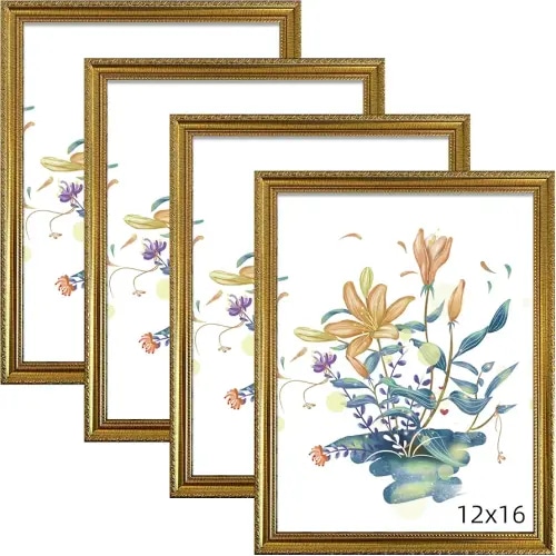 BESCRCL 12x16 Picture Frame Gold, Frames for Wall Display, Rustic Vintage Photo Frame with Shatterproof Crystal Acrylic, 4 Pack