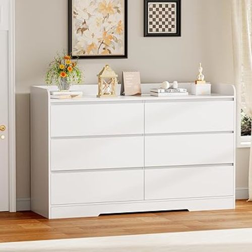 BEWISHOME Dresser for Bedroom, White 6 Drawer Dresser Chest of Drawers, Wood Dressers for Closet, Wide Modern Dressers with Fence for Living Room, Hallway, Entryway, TV Stand, White KCG04W