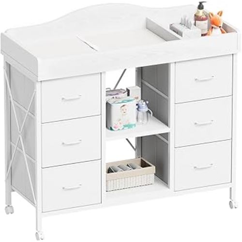 Changing Table, 6-Drawer Baby Dresser with Changing Table top, Waterproof Diaper Changing Station & Pad, 2 Height-Adjustable Open Storage Shelves, Mobile Nursery Organizer, White