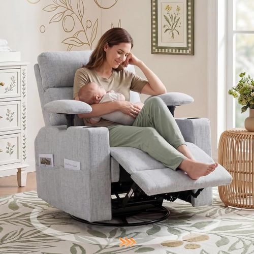FiveWillowise 360° Rocker Recliner Chair with Adjustable Armrest&Headrest | Oversized Manual Nursery Glider with Cup Holder,Swivel Rocking Chairs for Breastfeeding,Living Room,Bedroom,Light Grey