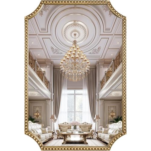 24"x36" Mirror for Wall, Scalloped Corners Rectangle Decorative Mirror, Metal Beaded Frame Accent Wall Decor for Bathroom, Entryway, Mantel, Antique Gold