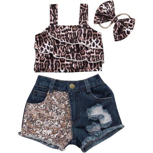 Baby Girl 3Pcs Summer Outfits, Sleeveless Halter Tops+Leopard Print Ruffle Shorts +Headband 3pcs Cheetach Set