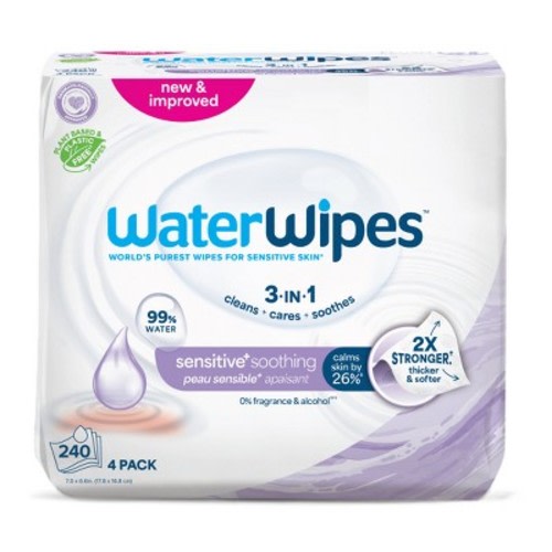 WaterWipes Sensitive+ Soothing Wipes, 3-In-1 Cleans,Soothes, 99% Water with Botanical Extract, Unscented & Hypoallergenic Baby Wipes, 240ct