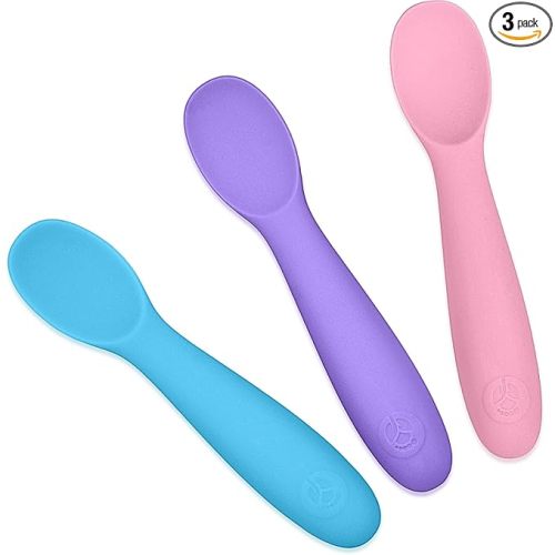 WeeSprout Baby Spoons for Self Feeding 6 Months +, Soft & Durable Silicone Utensils for Sensitive Gums & Teeth, Easy Grip Handles & Shorter Length for Little Hands, 3 Pack + Carrying Case