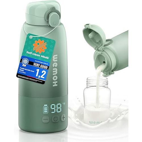 Upgraded Portable Milk Warmer with Self-Clean Function, 110W Fast Heating for Breast Milk & Formula, 16oz Large Capacity Travel Bottle Warmer, USB-C Fast Charge, Ideal for Hiking, Flights & Car Use