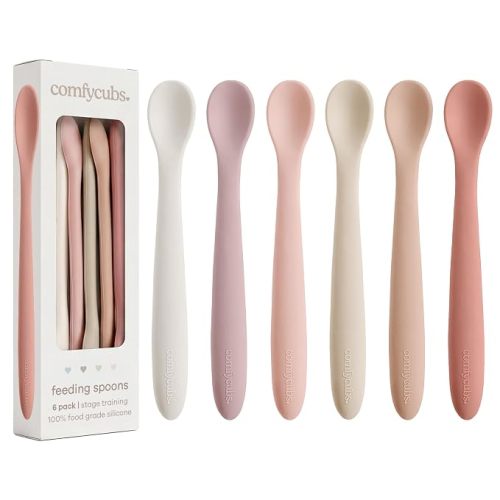 Comfy Cubs Silicone Baby Spoons Set 6-Pack, Blush 6.46 x 0.95 in – BPA Free, Soft Gum-Safe Toddler Eating Essentials – Lightweight & Flexible Baby Spoons, Dishwasher Safe, Fun Utensils for Babies