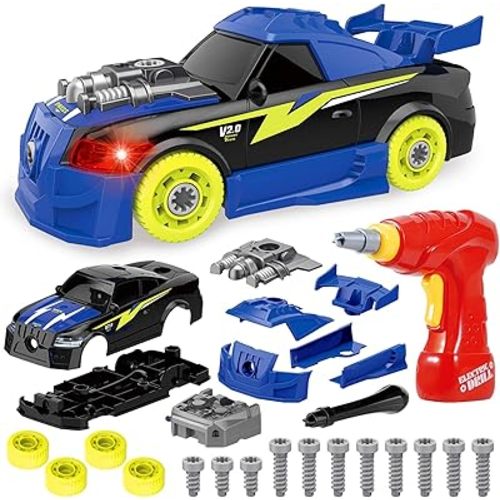 Coogam Take Apart Racing Car with Electric Screwdriver Tool, Fine Motor Skill Toy Car Construction Set STEM Building Learning Game with Light and Sound Gifts for Year Old Boys and Girls