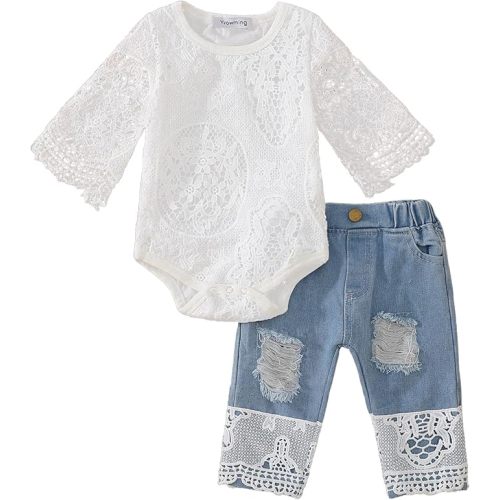 Yvowming Baby Girl Clothes Outfits Toddler Infant Baby Romper Top+Jeans Clothing Set