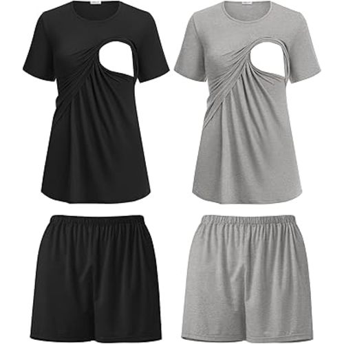 Ekouaer 2 Pack Women's Nursing Pajamas Set Double Layer Maternity Pjs Postpartum Loungewear Set Breastfeeding Tops & Shorts