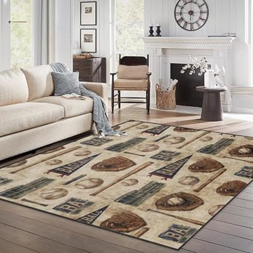 Area Rugs 5'x7' Washable Rug, Baseball Vintage Retro Stain Resistant Non Slip Backing Sports Brown Carpet for Living Room Bedroom Dining Room