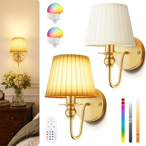 Battery Operated Wall Sconces Set of 2, Gold Cordless Wall Lights with 6000mAh Rechargeable Magnetic Bulbs and Remote, Dimmable & 15 RGB Colors Wall Lamps for Bedroom Living Room Hallway