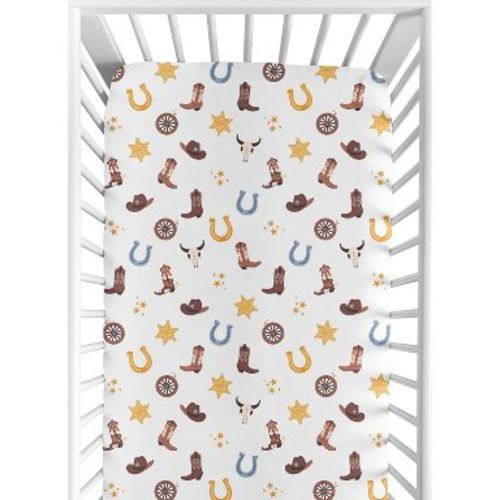 Sweet Jojo Designs Boy Baby Fitted Crib Sheet Wild West Cowboy Blue, Brown and Yellow