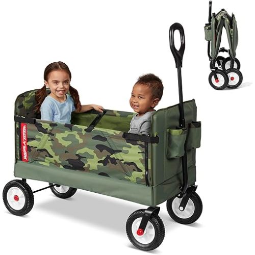 Radio Flyer 3-in-1 Camo Folding Wagon for Kids, Garden, & Cargo, Green Collapsible Wagon, 150-pound Off-Road Capacity