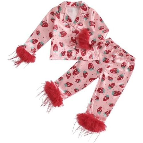 MAINESAKA Toddler Baby Girl Satin Pajamas Set Feather Trim Long Sleeve Button Down Tops Long Pants 2Pcs Pjs Sleepwear Outfits