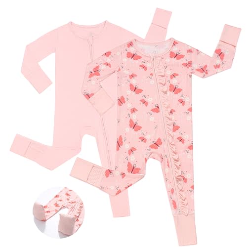JunNeng Baby Girl Viscose from Bamboo Sleeper with Mitten Cuffs, 2 Way Zipper Romper, Sleep N' Play Pajamas 0-18 Months