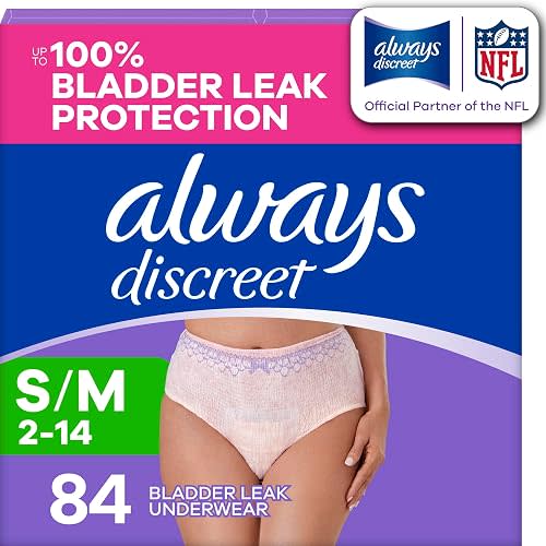 Always Discreet Adult Diapers for Women, Incontinence Underwear, Postpartum Essentials, Disposable Briefs, Max Absorbency, Bladder Leak Protection, Small/Medium, 84ct