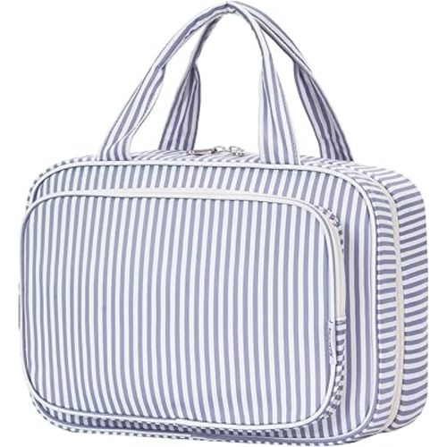 Narwey Striped Travel Toiletry Bag for Women Large Hanging Makeup Bag Organizer Toiletries Bag for Full Size Essentials Accessories Cosmetics (Greyish Blue Stripe (Large))