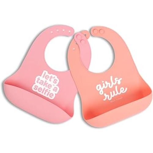 Bella Tunno Baby Bib for Eating, Waterproof Silicone Bib with Large Food Catcher, Adjustable Fit for Babies 4-12 months & Toddlers 1-3 Years, Boys & Girls, Lets Take a Selfie + Girls Rule