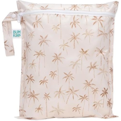 Bumkins Waterproof Wet Bag for Baby, Travel, Swim Suit, Cloth Diapers, Pump Parts, Pool, Beach, Gym Clothes, Toiletry, Hook to Stroller, Daycare, Zipper Reusable Wetdry Packing Pouch, Palm Trees