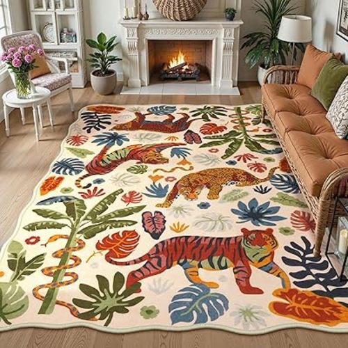 LEEVAN 5x7 Animal Area Rugs Washable Beige Tiger Living Room Rugs Non Slip Scalloped Tiger Bedroom Rug Low Pile Leopard Nursery Floor Carpet Jungle Leaf Print Kids Rug
