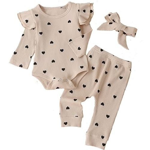 Fullfamous Baby Girl's 3pc Rib Frill Long Sleeve Romper and Pant Set