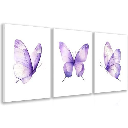GELDSTEI Dreamy Butterfly Canvas Wall Art, Whimsical Purple Animal Picture Wall Decor, Minimalist Butterfly Aesthetic Pictures, Cute Animal Poster Prints for Nursery Girl Room Decor Framed 12"x16"x3