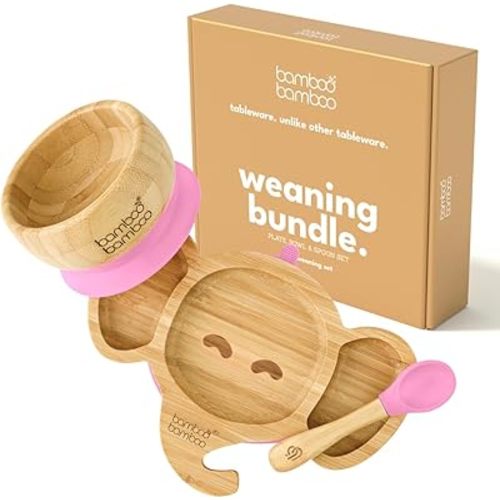 Bamboo Baby Plate with Suction - Kids and Toddler Suction Cup Plate for Babies, Non-toxic All (Elephant)-Natural Bamboo Baby Food Plate Stays Cool to the Touch for Baby-Led Weaning (Pink Bundle)