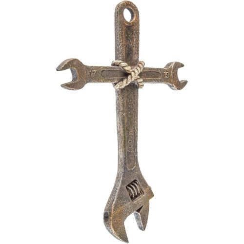 Hobby Lobby Wall Cross with Wrench Design, 11.5" H x 7.56" W, Rustic Gray and Beige Resin, Industrial Style, Man Cave, Garage