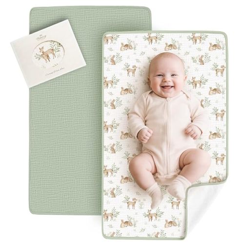 Konssy 2 Pack Waterproof Muslin Portable Changing Pad, Diaper Changing Mat | Soft & Foldable, Cotton Surface with Terry Backing & Waterproof Lining, 30"x17" (Coffee Check,Moon)