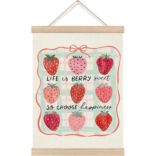 KRHFG Coquette Pink Bow Strawberry Wall Art Poster Framed, Strawberry Room Decor, Life Is Berry Sweet Inspirational Hanging Canvas Prints Wall Decor for Girls Bedroom Dorm, 12x16 Inch