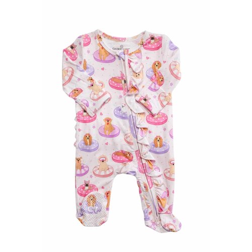Ruffle Zipper Footie in Poolside Pups Pink | Caden Lane