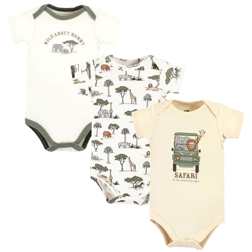 Hudson Baby Unisex Baby Cotton Bodysuits, Going On Safari 3-Pack, 0-3 Months